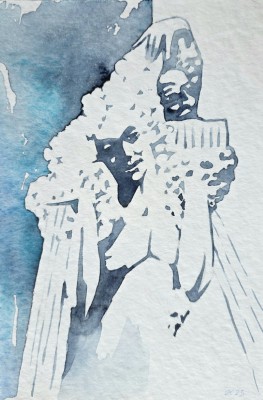 Aquarellbild mit einer Frau die Trauben in den Händen hält und sie dem Betrachter anbietet